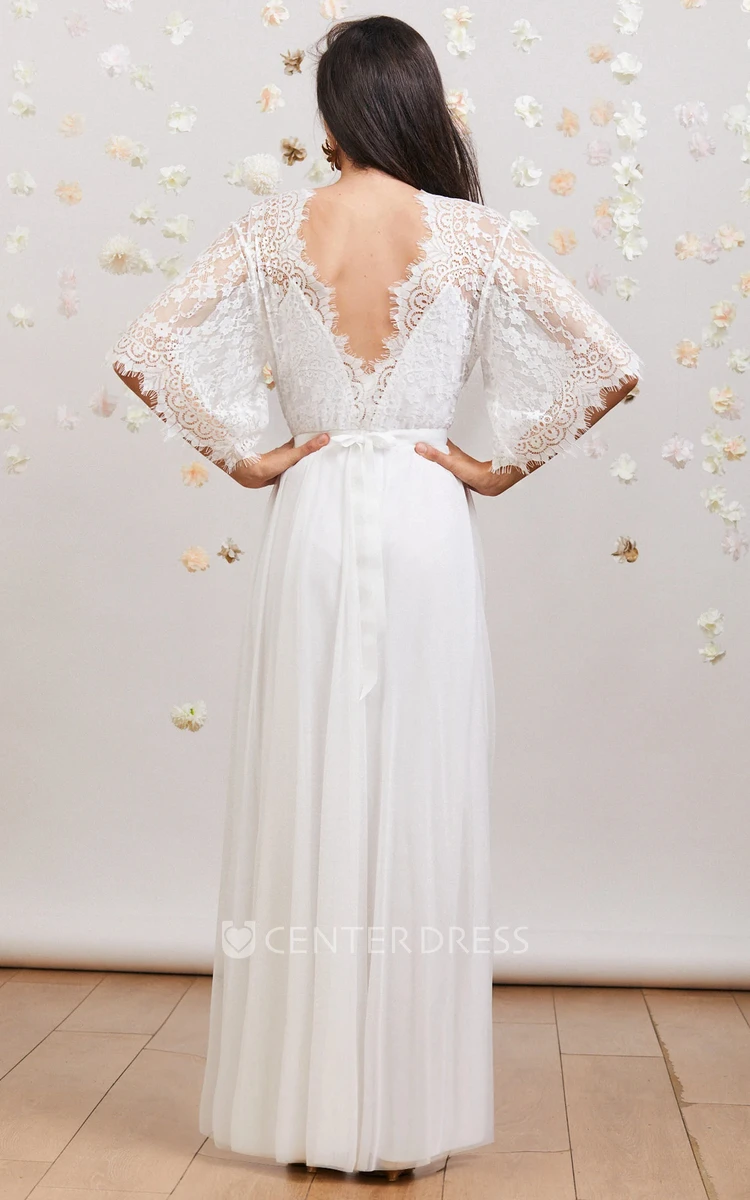 Boho Elegant Lace Winter Wedding Dress with Half Sleeves Deep V Neck Winter Bridal Dress for Modern Brides