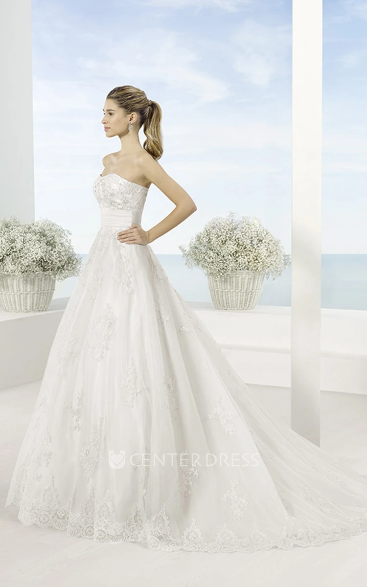A-Line Maxi Scoop Appliqued Cap-Sleeve Lace Wedding Dress With Chapel Train