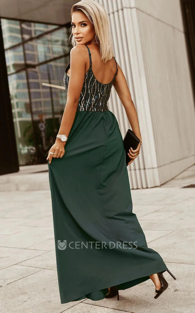 Romantic A-Line V-neck Formal Dress With Sequins And Zipper Back
