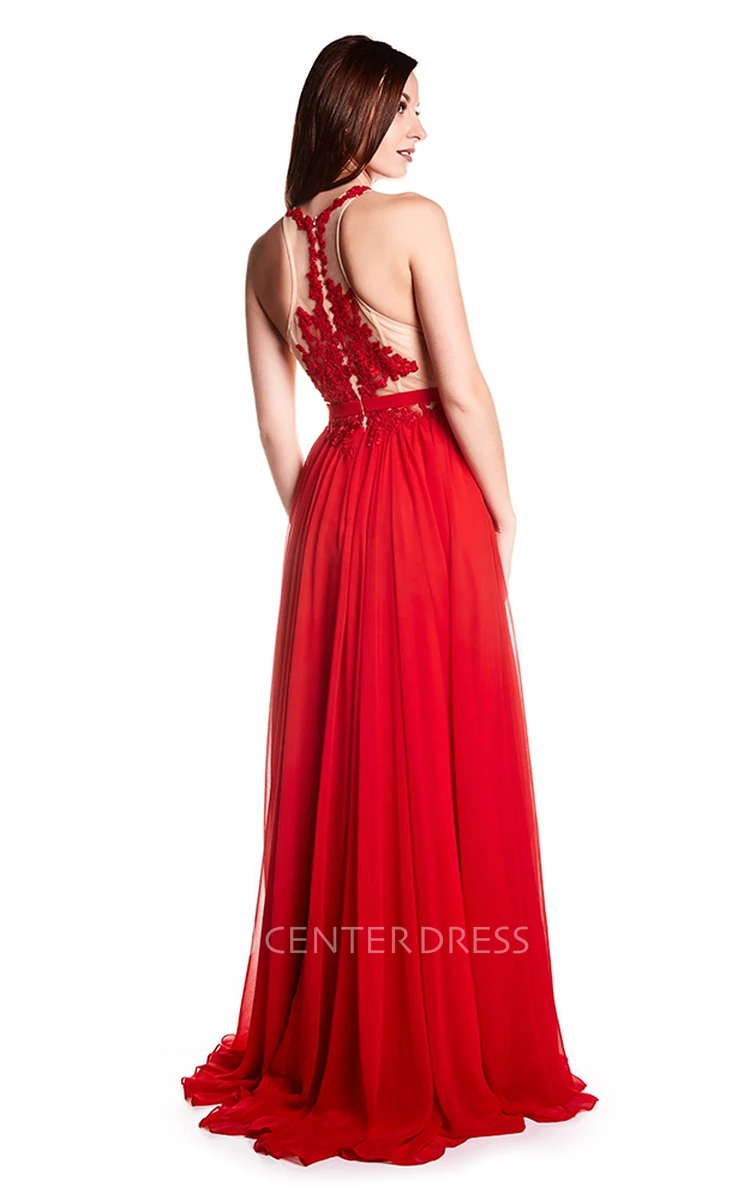 High Neck Appliqued Sleeveless Chiffon Prom Dress With Illusion Back