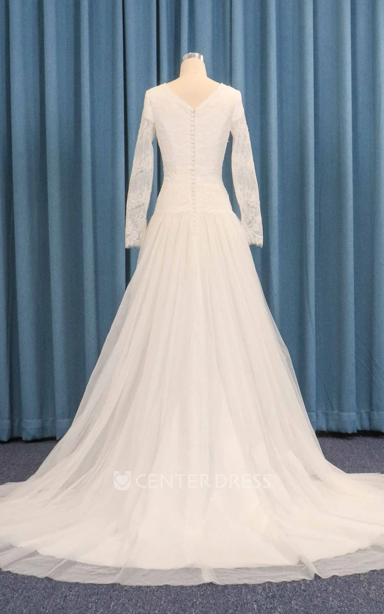 A-line Tulle Lace Overlay Dropped Waist Long Sleeve Wedding Dress With Pleats