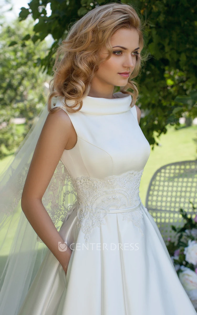 A-Line High Neck Sleeveless Satin Wedding Dress With Lace And Lace Up