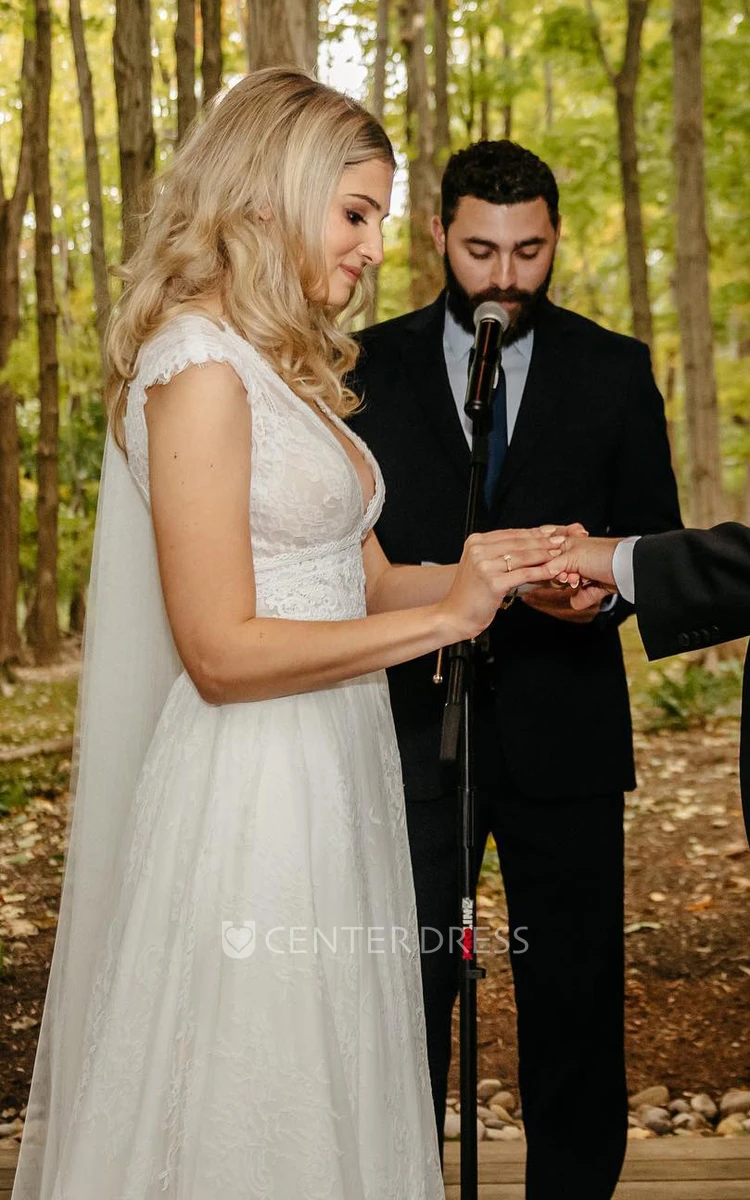 Elegant A-Line V-neck Lace Appliques Short Sleeve Sweep Train Garden Wedding Dress