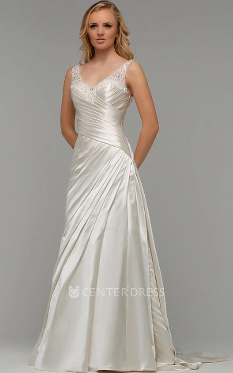 Floor-Length V-Neck Ruched Satin Wedding Dress With Brush Train And Lace Up