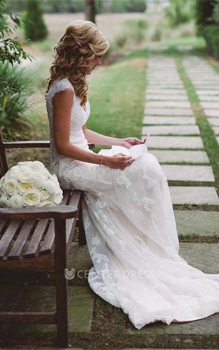 Sheath V-neck Lace Zipper Keyhole Wedding Gown