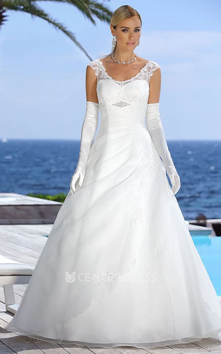 Floor-Length V-Neck Draped Satin Wedding Dress With Appliques And Illusion