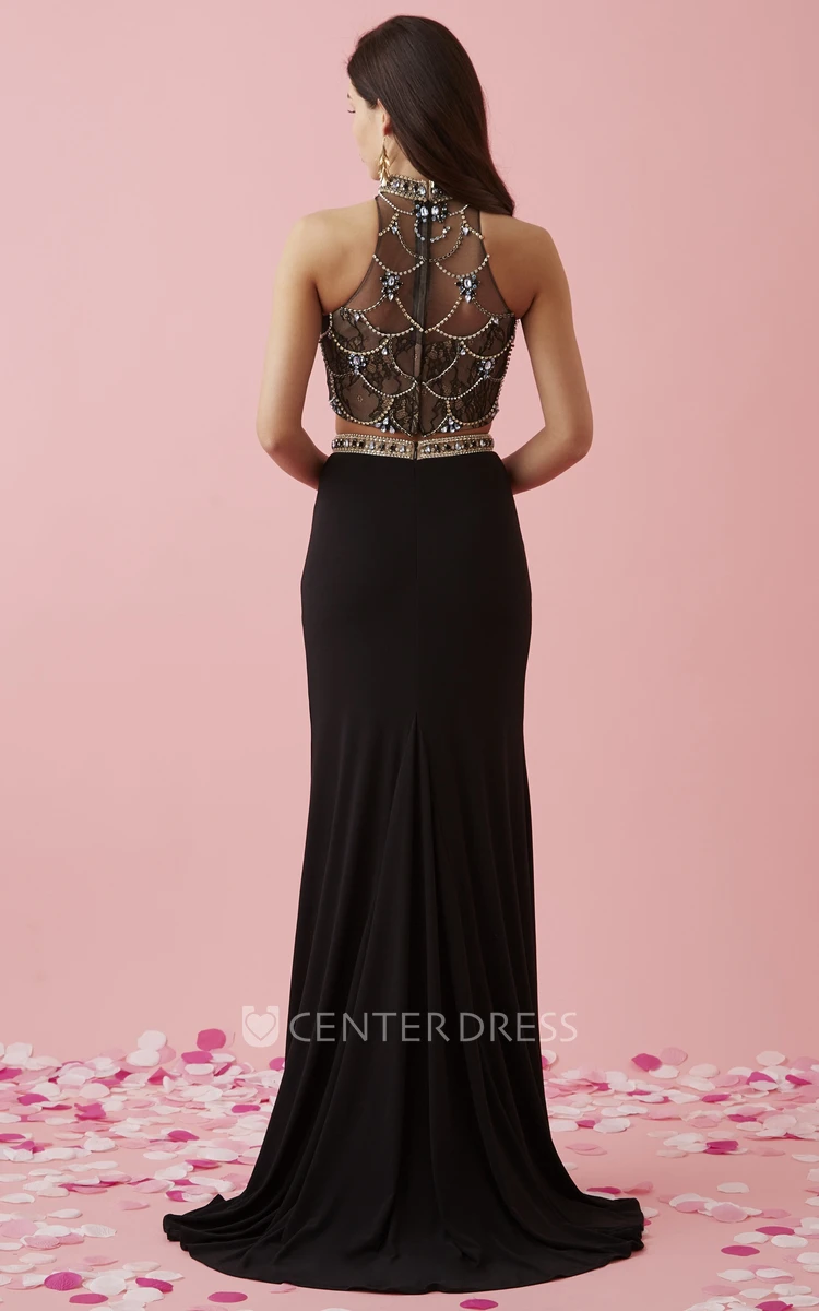 Two-Piece Sheath High Neck Sleeveless Jersey Lace Illusion Dress With Beading And Split Front