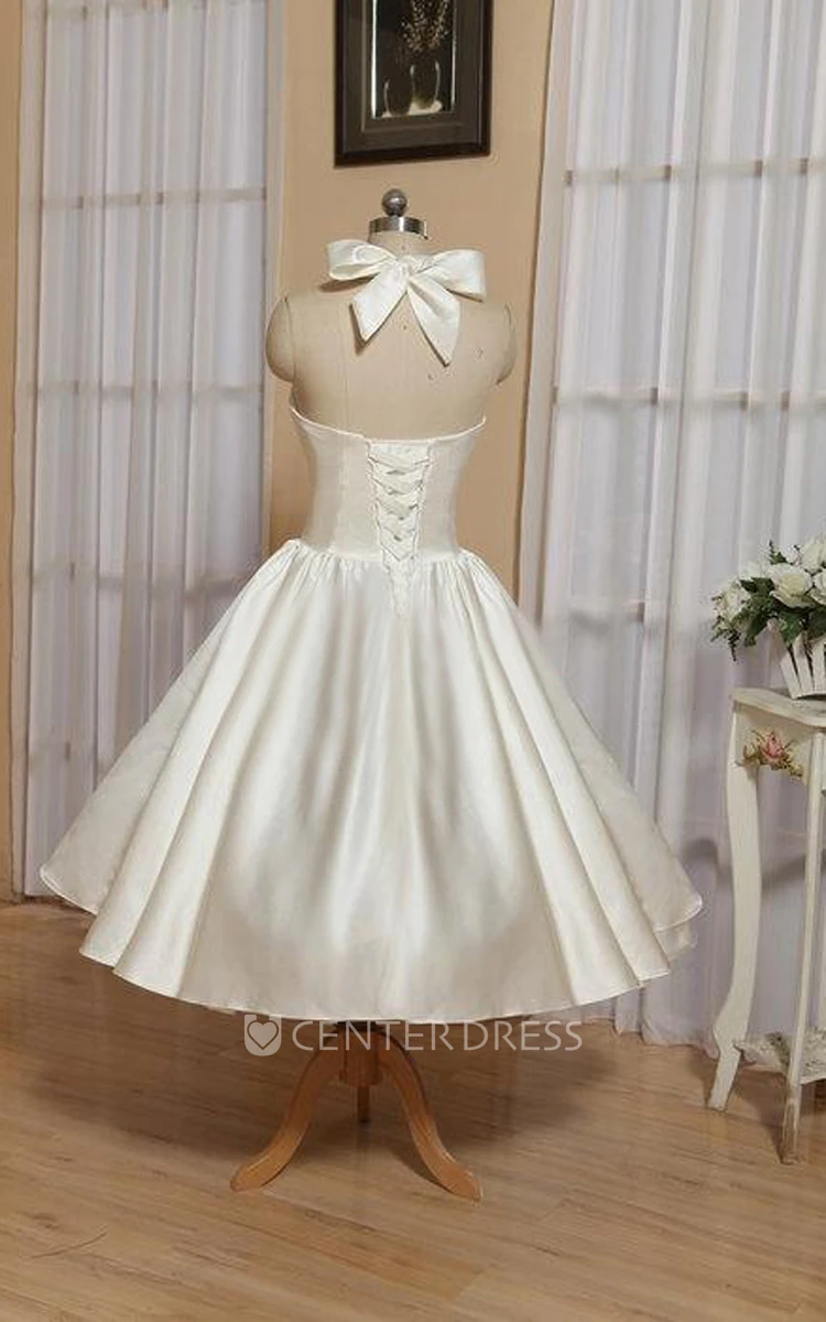Halter Tea-Length Satin Wedding Dress With Bow And Lace-Up Back