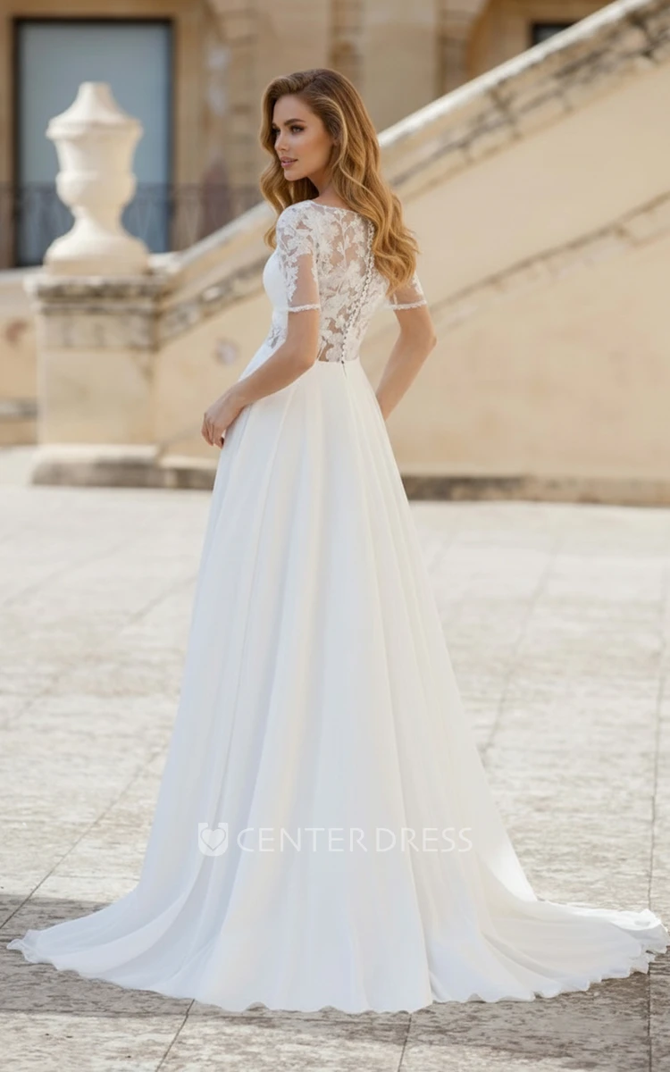 Simple A-Line Wedding Dress with V-Neck and Lace Short Sleeves Elegant Modern Chiffon Bridal Gown for Garden Ceremony