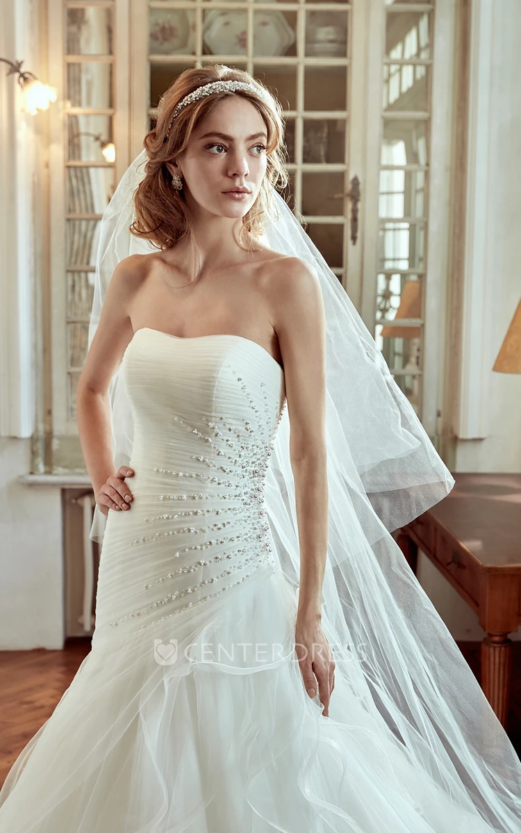 Strapless Wedding Dress With Side Draping and Pearl Embellishment 