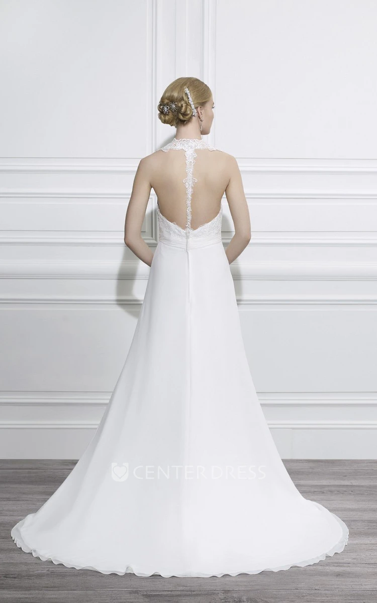 V-Neck Maxi Cap-Sleeve Appliqued Chiffon Wedding Dress With Court Train And V Back