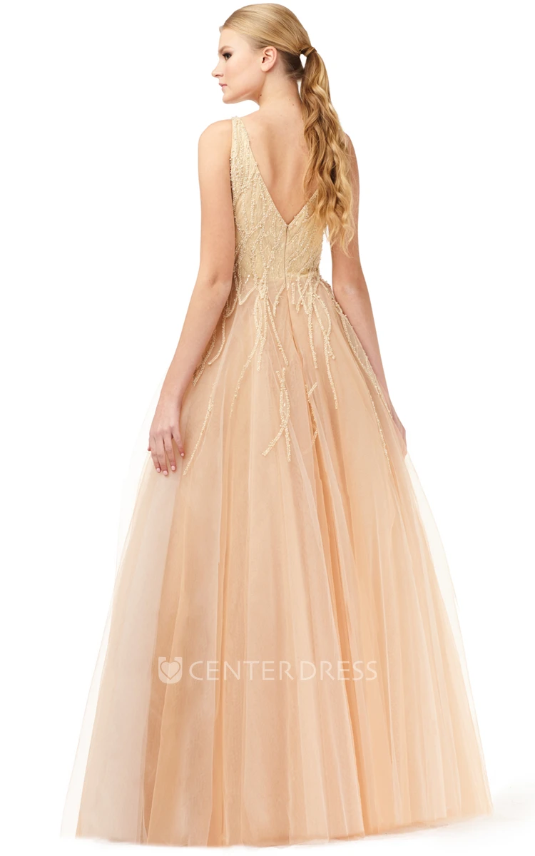 Ball Gown Elegant V-neck Tulle Floor-length Formal Dress