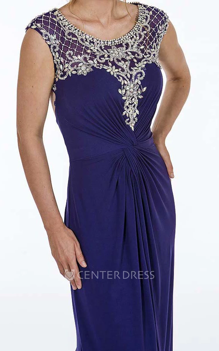 Sheath Scoop-Neck Floor-Length Cap-Sleeve Ruched Chiffon Prom Dress With Beading