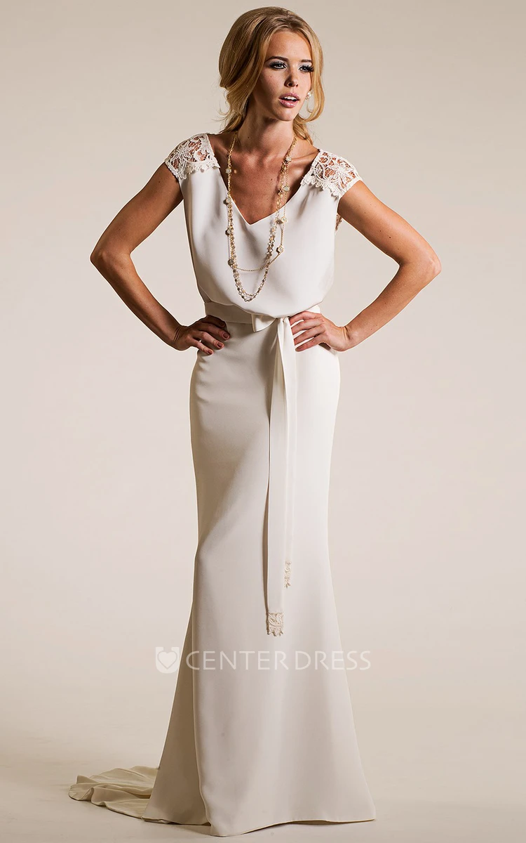 V-Neck Floor-Length Lace Cap-Sleeve Chiffon Wedding Dress With Brush Train