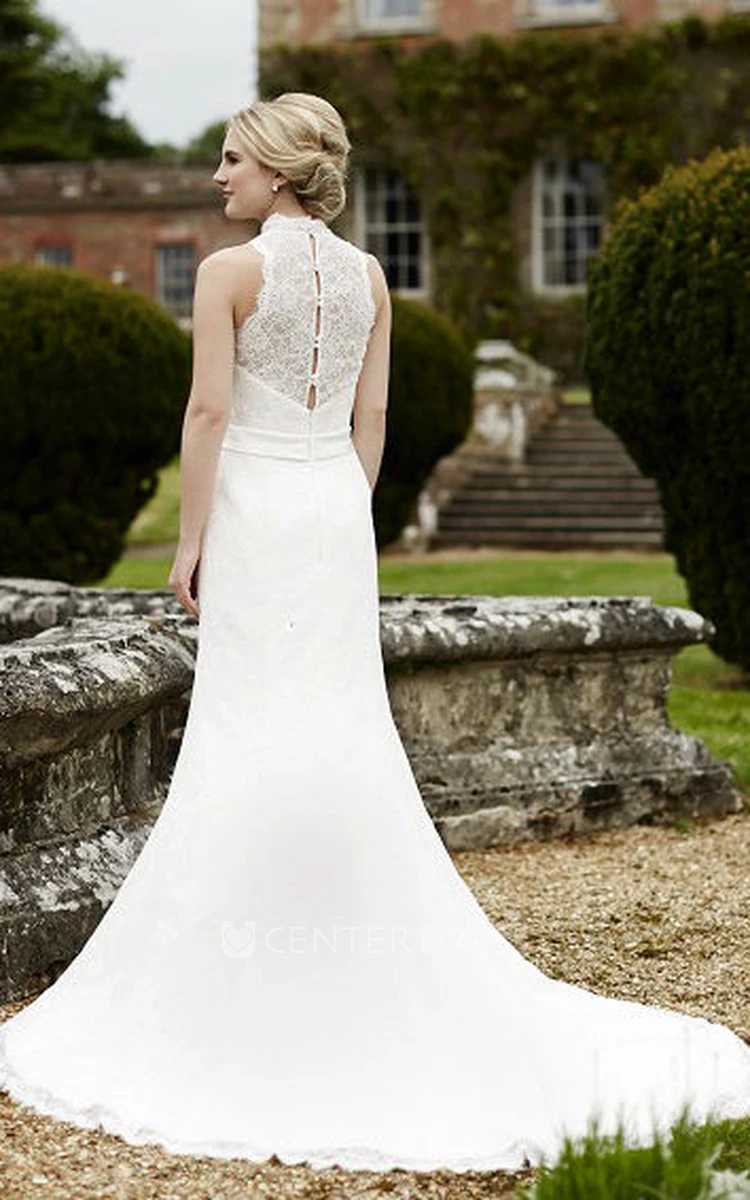 High Neck Long Floral Lace Wedding Dress With Court Train