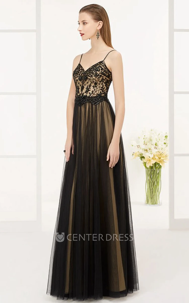 Low V Back A-Line Tulle Long Prom Dress With Lace Top And Spaghetti Straps