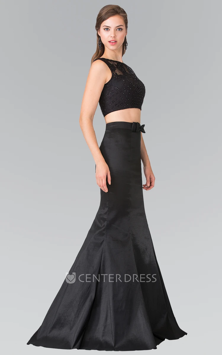 Two-Piece Trumpet Floor-Length Jewel-Neck Sleeveless Satin Dress With Lace And Bow