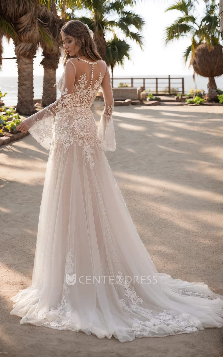 Modern Sexy Bohemian A-Line Lace Wedding Dress Stunning Romantic Long Bell Sleeve Fall Plunging Neckline Split Front Bridal Gown