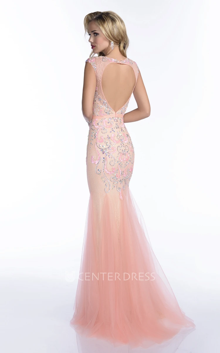 Sleeveless Tulle Mermaid Gown With Keyhole Back And Pearls