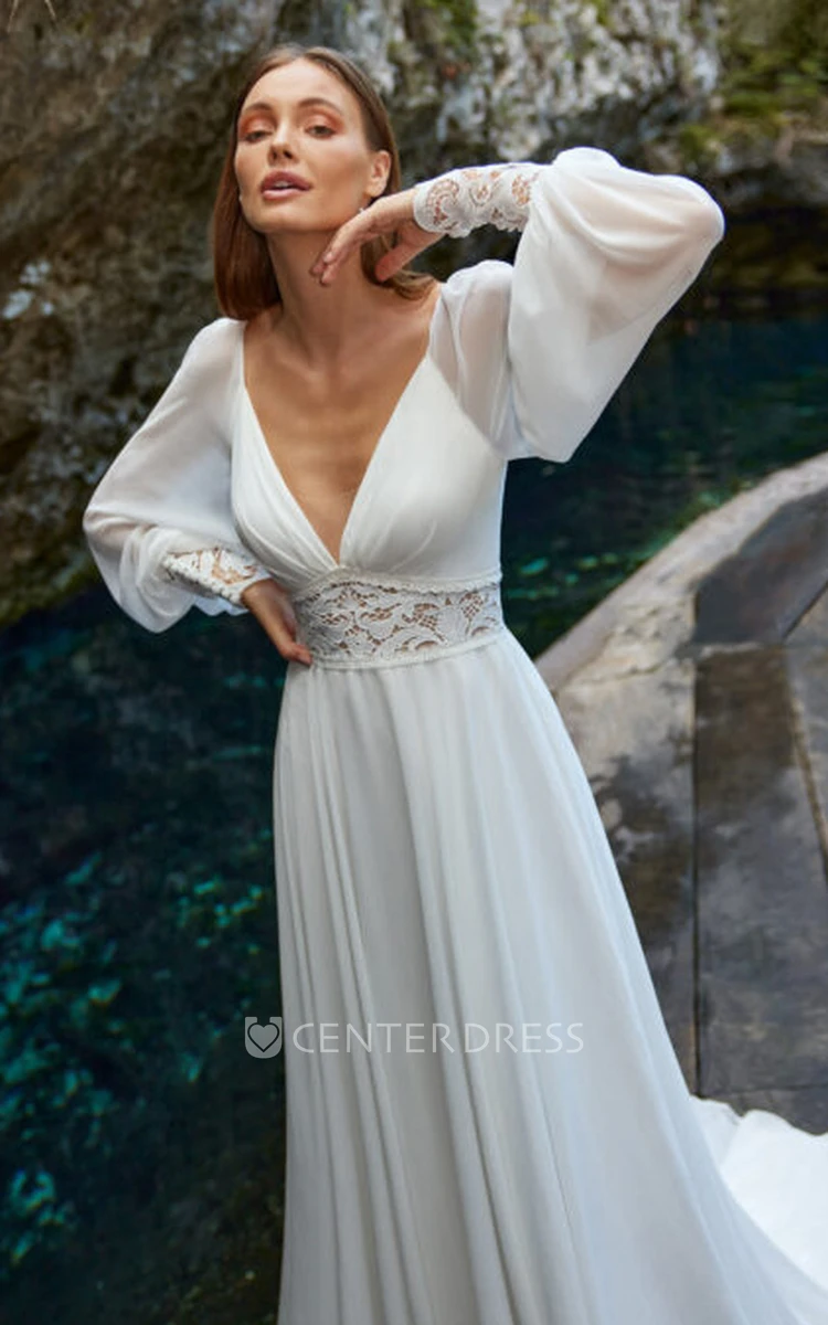 Grecian Modern A-Line Satin Wedding Dress With Poet Long Sleeves And Low-V Back
