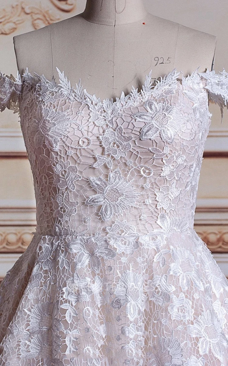 Tea-Length Off-The-Shoulder Tulle Lace Satin Weddig Dress
