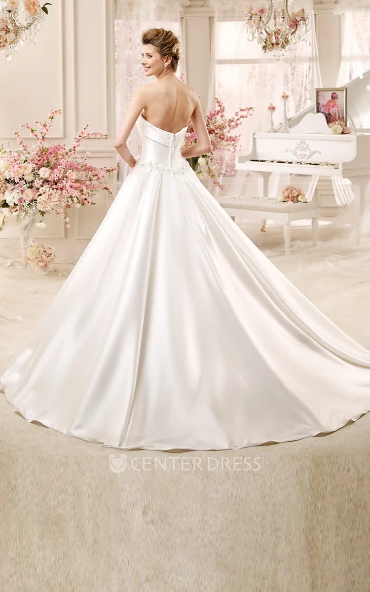 Strapless A-Line Satin Wedding Dress With Lace Belt And Pleated Skirt
