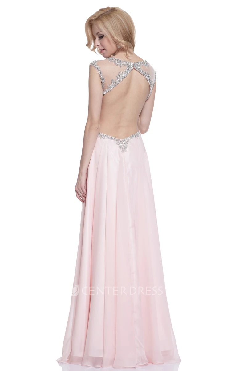 A-Line Long Jewel-Neck Cap-Sleeve Empire Backless Dress With Beading And Pleats