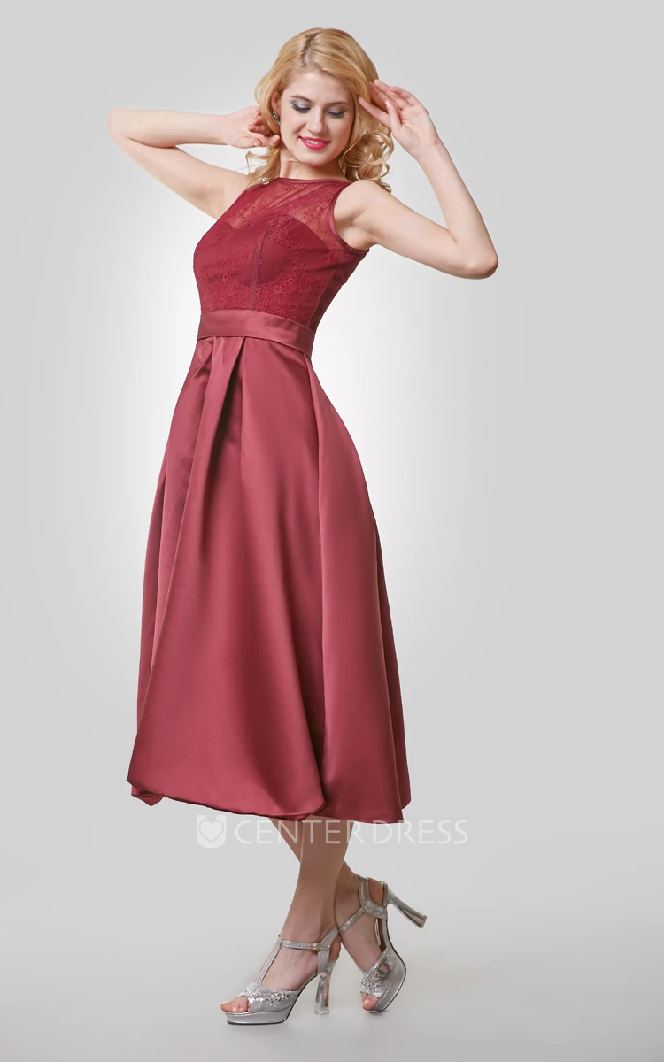 Tea Length A-Line Satin Dress With Lace Bodice and Scoop Neck