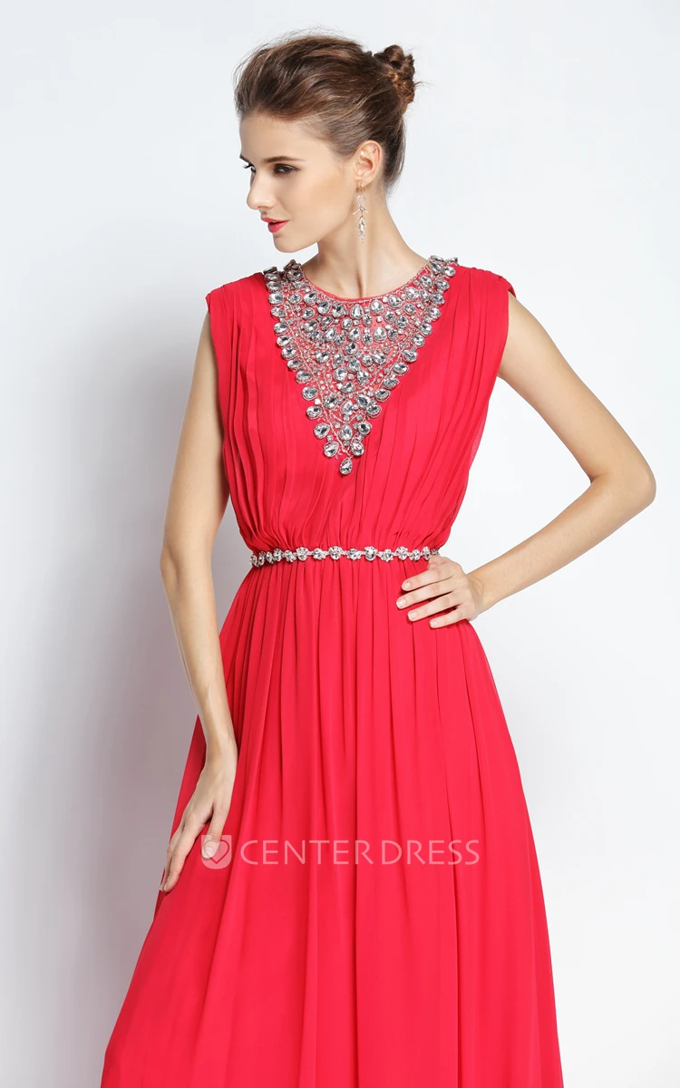 Floor-length Sleeveless A-Line Jewel Chiffon Prom Dress with Beading and Ruching