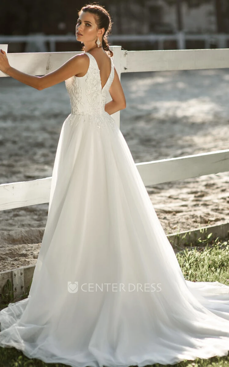 Sexy A Line Tulle Plunging Neckline Brush Train Floor-Length Sleeveless Wedding Dress With Appliques