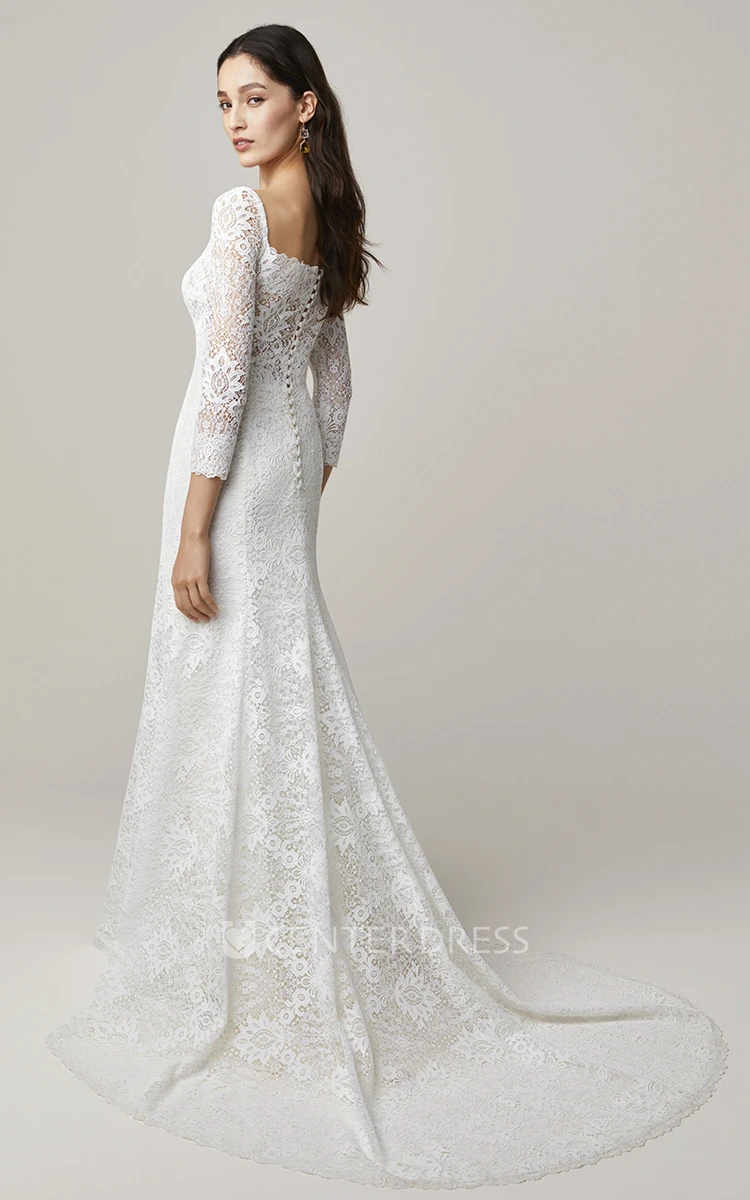 Mermaid Sheath Modest Square Neck Bridal Gown with Appliques