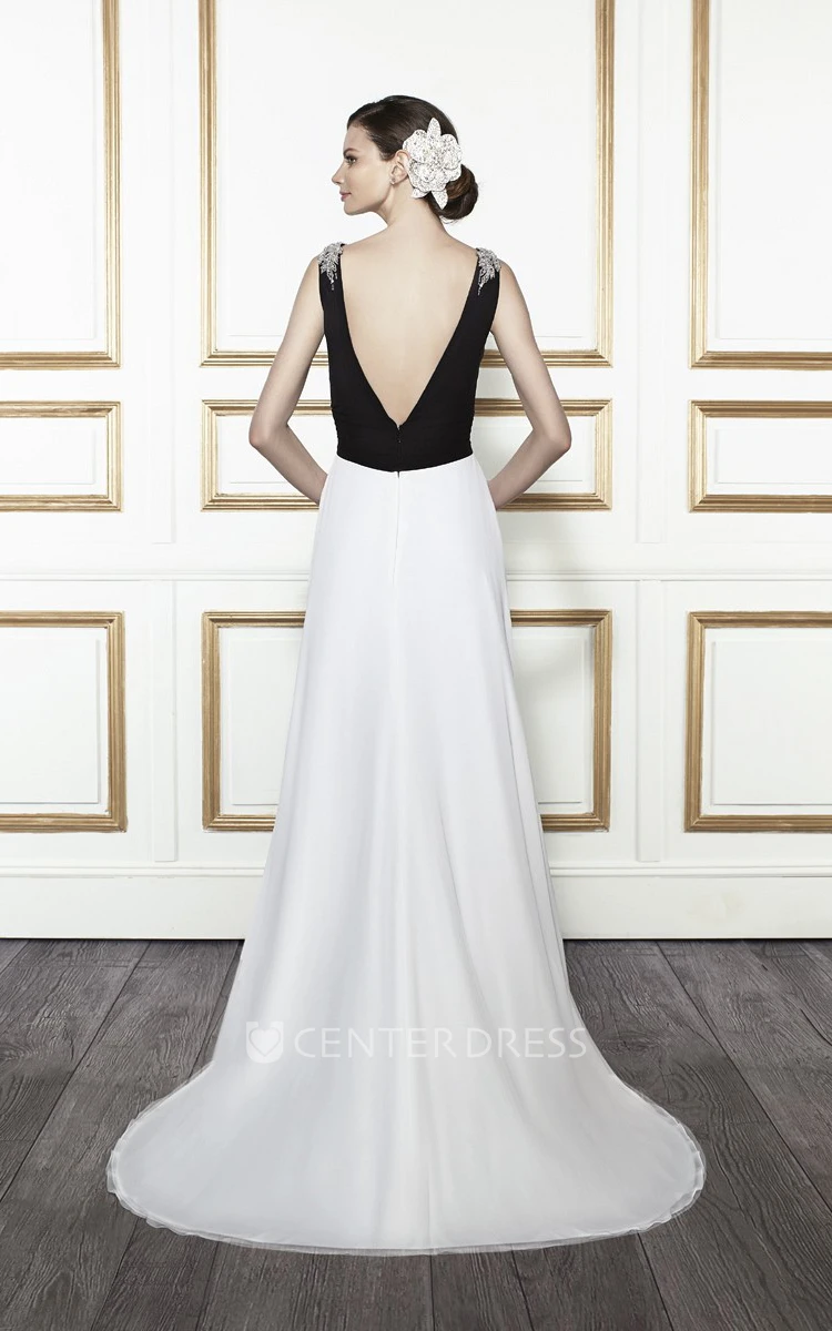 Epaulet Sleeveless V-Neck Floor-Length Satin Wedding Dress With Sweep Train And Deep-V Back