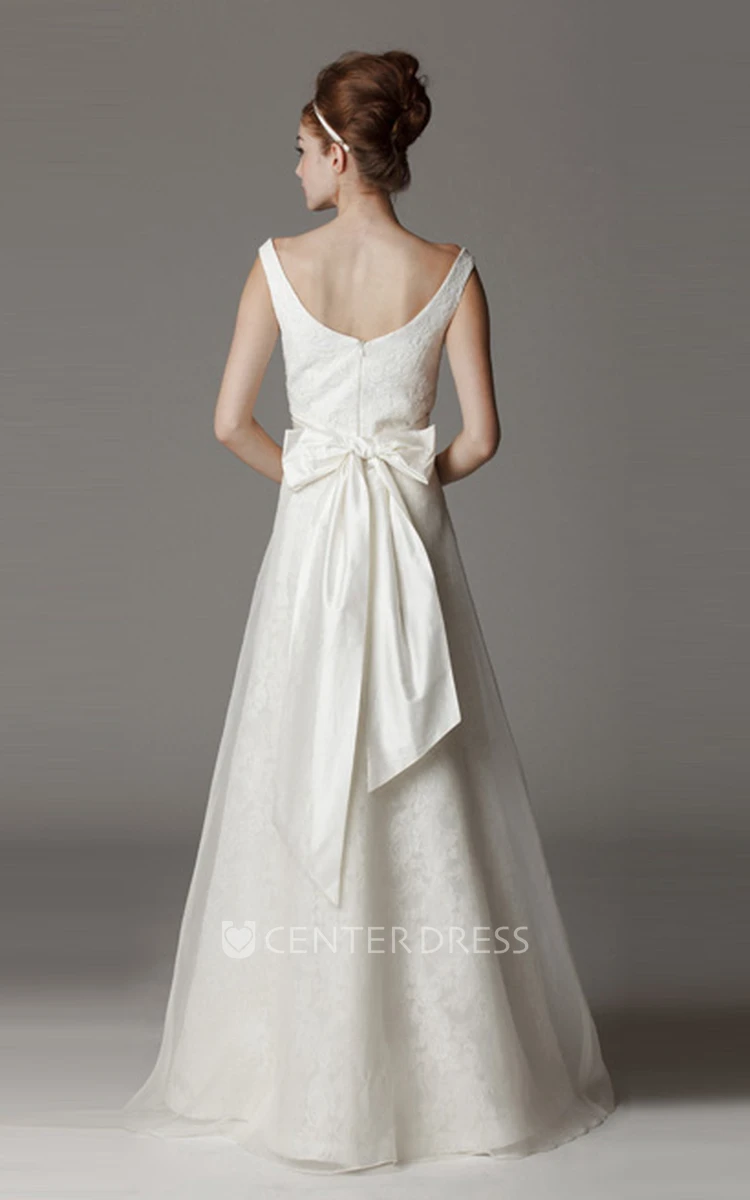 A-Line Floor-Length Appliqued V-Neck Sleeveless Satin Wedding Dress With Broach And Bow