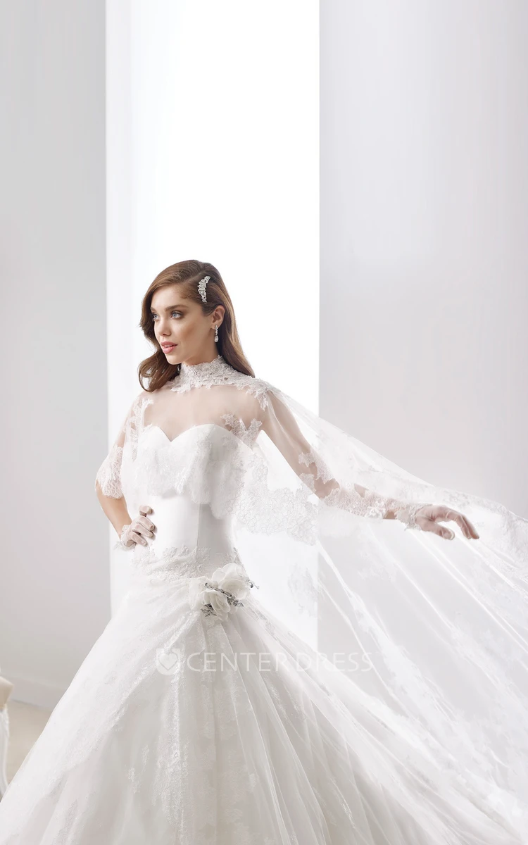 High-Neck Cape-Train A-Line Bridal Gown With Side Floral Ruffles And Brush Train