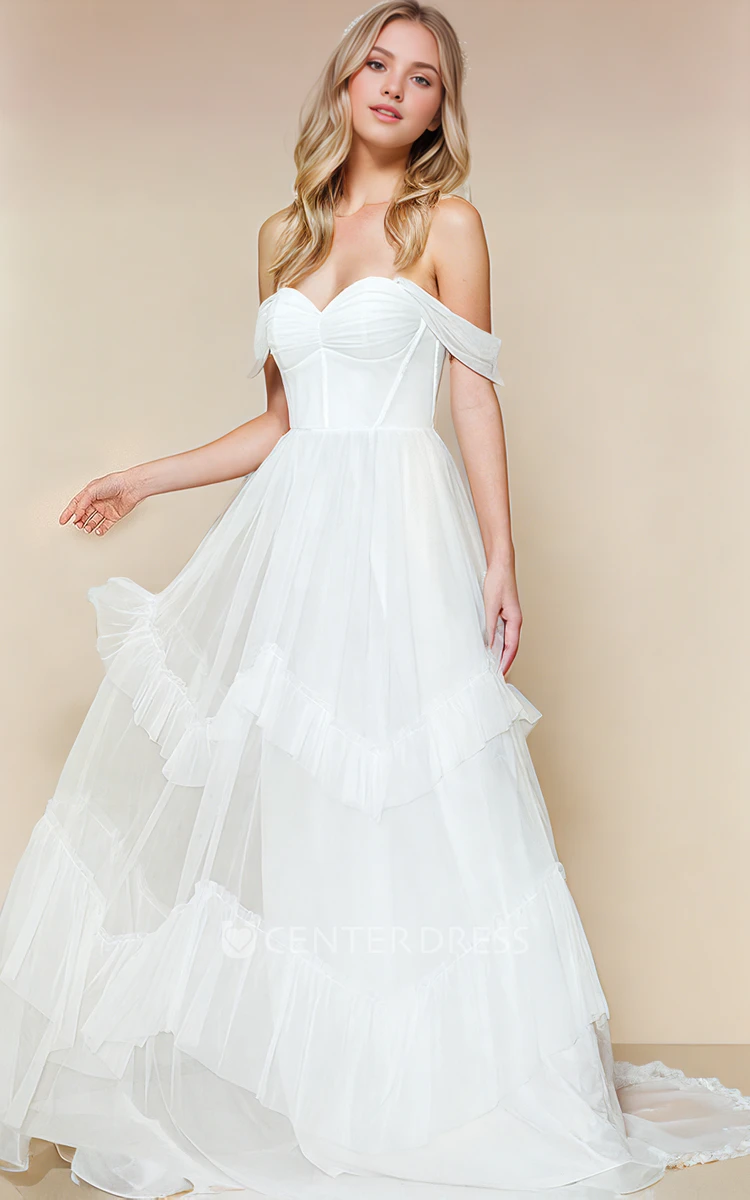Romantic Beach Off-the-Shoulder Corset Wedding Dress Elopement Sweetheart Tulle Backless Bridal Gown