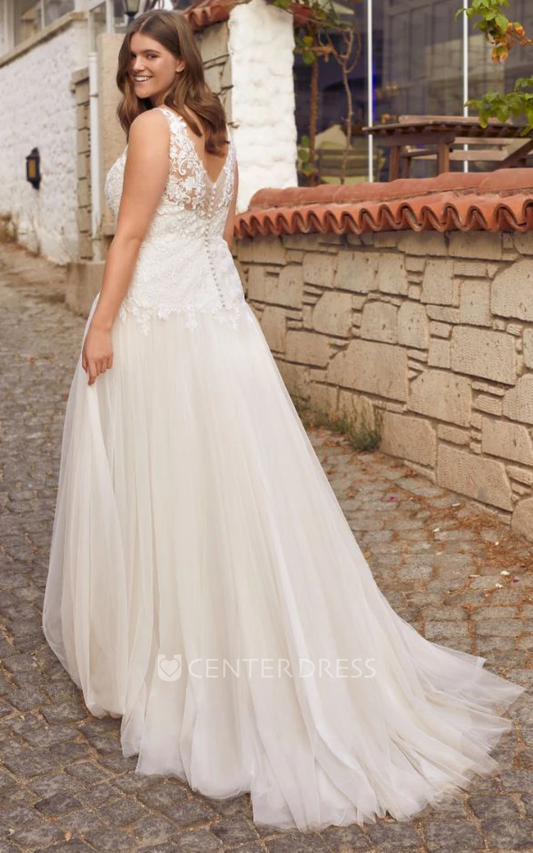 Modern Lace Court Train Sleeveless A Line V-neck Wedding Dress with Appliques