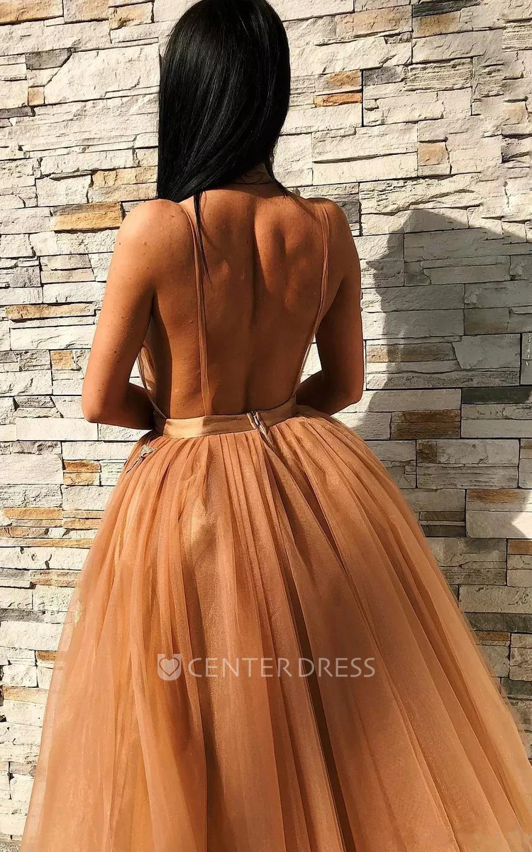 Sexy Ball Gown Tulle Plunging Neckline Sleeveless with Appliques Homecoming Dress