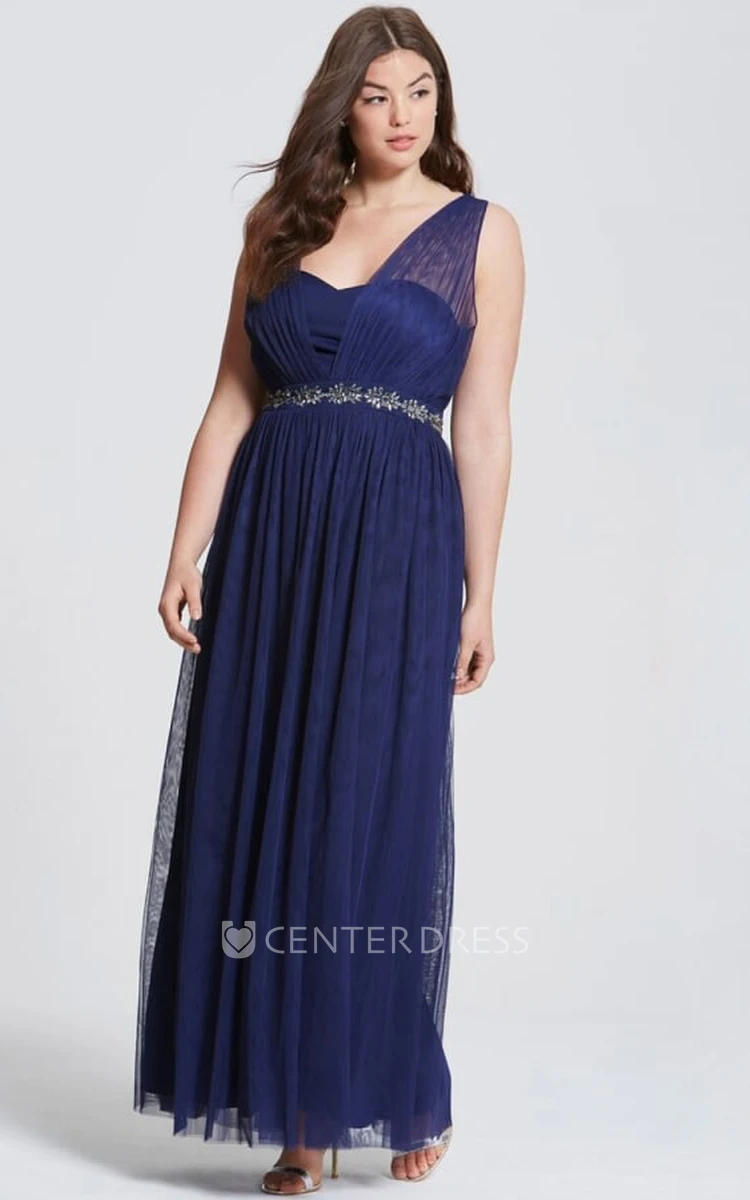 Ankle-Length Ruched Sleeveless V-Neck Tulle Bridesmaid Dress