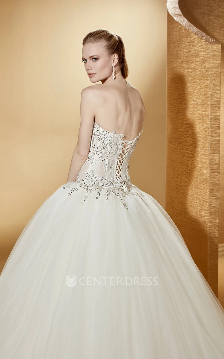 Chic Sleeveless Ball Gown With Beaded Corset And Lace-Up Back