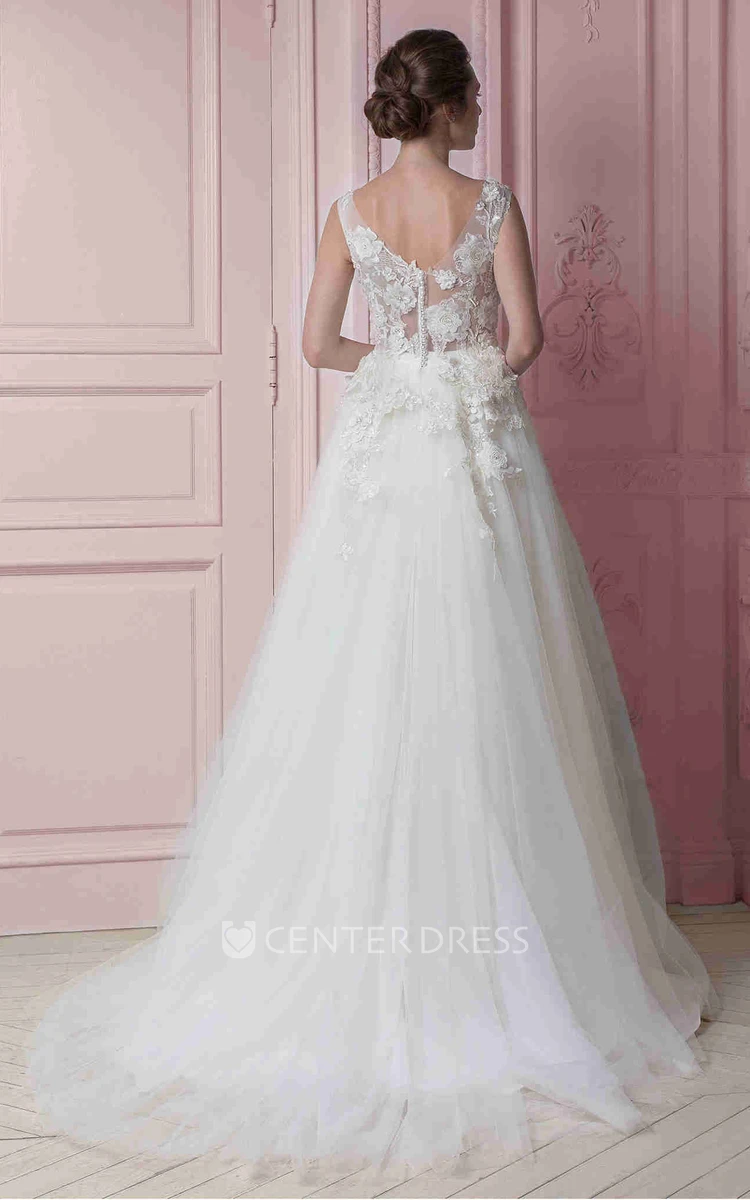 A-Line Floor-Length Appliqued V-Neck Sleeveless Tulle Wedding Dress With Flower