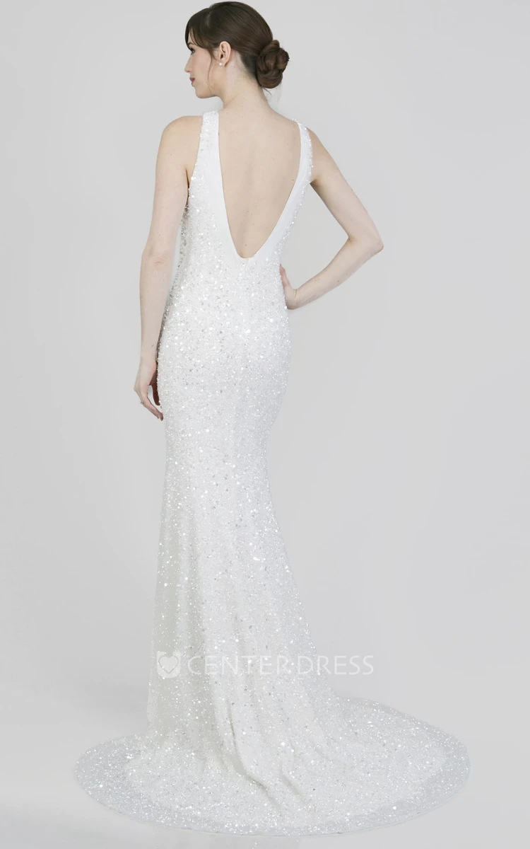Sheath Floor-Length Sleeveless Beaded Jewel Sequins Wedding Dress With Deep-V Back And Sweep Train