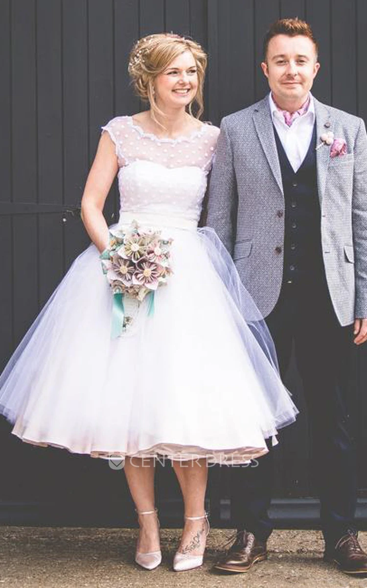 1950s A-Line Cap Sleeve Tea-Length Tulle Lace Wedding Dress