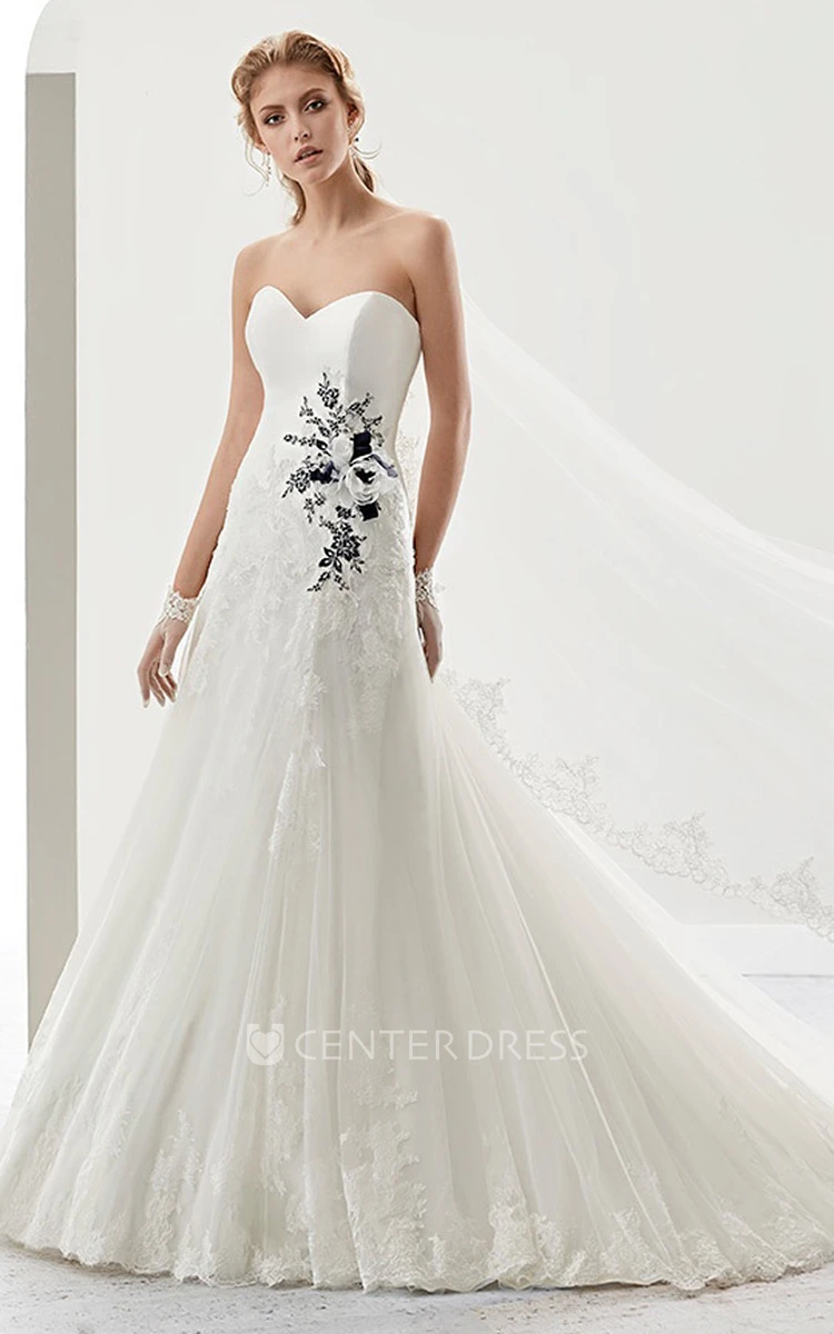 Sweetheart Bridal Gown With Striking Floral Appliques And Brush Train