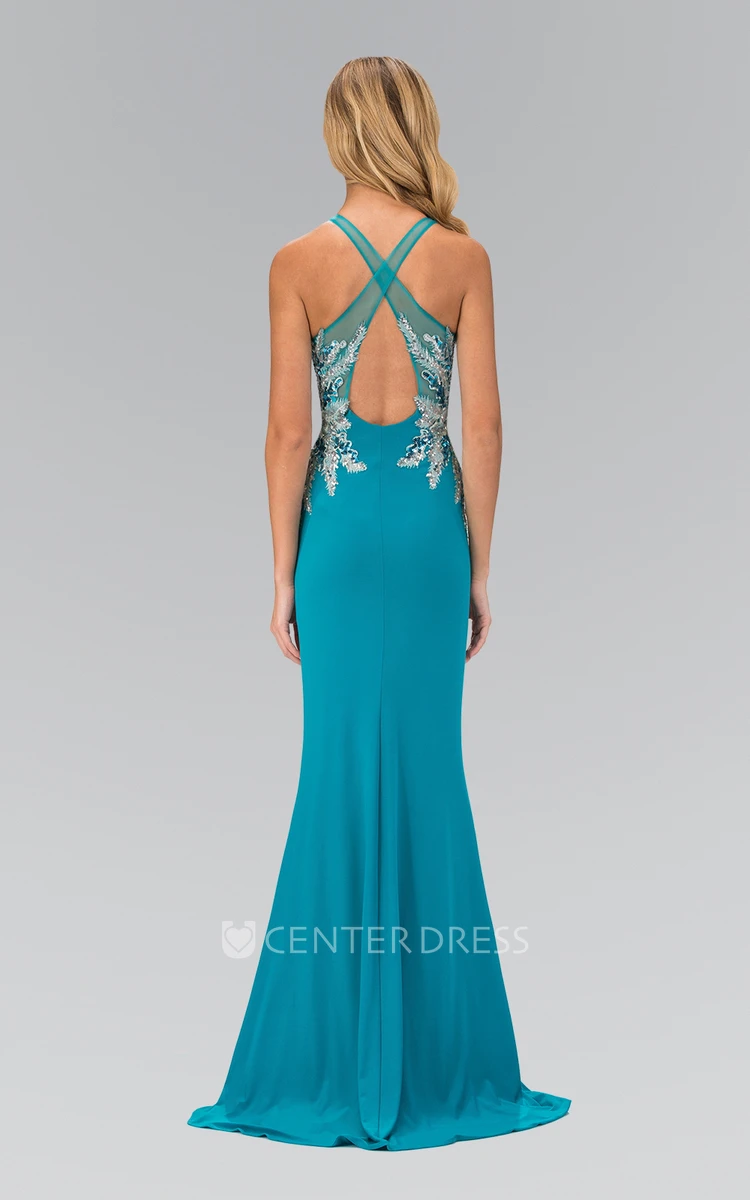 Sheath Jewel-Neck Sleeveless Jersey Straps Dress With Beading And Sequins