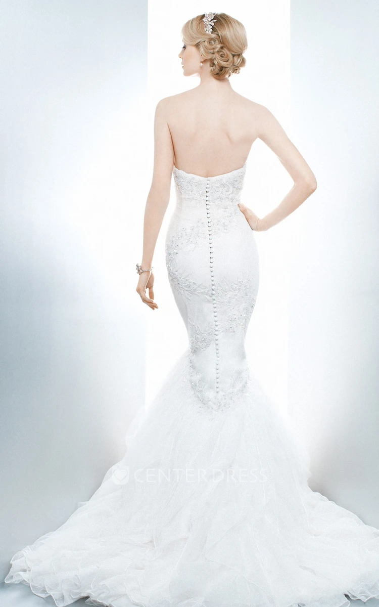Trumpet Long Cascading-Ruffle Sweetheart Sleeveless Lace Wedding Dress With Appliques And Backless Style