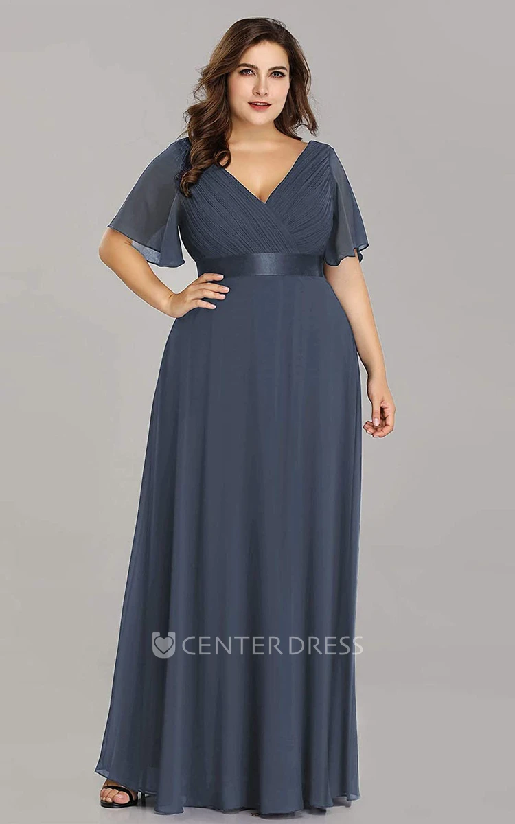 Casual Half Sleeve Chiffon V-neck A Line Mother Dress With Criss Cross and Ruching