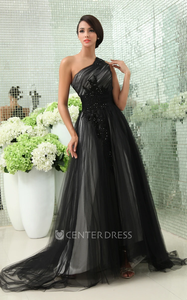 Chic A-line One Shoulder Long Prom Dress Graceful Lace Floor-Length Tulle  Evening Gown With Sequins - UCenter Dress