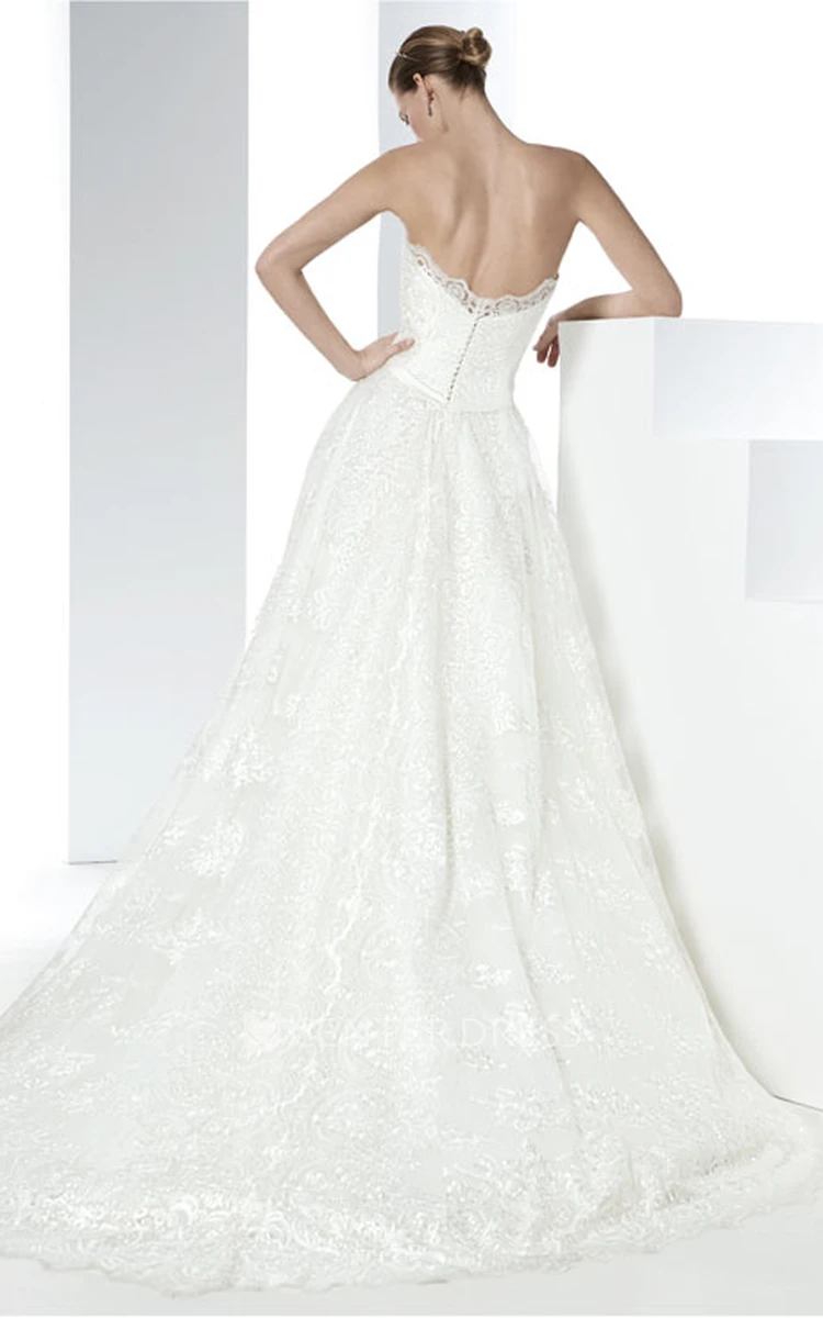 Strapless Maxi Appliqued Lace Wedding Dress With Court Train And V Back