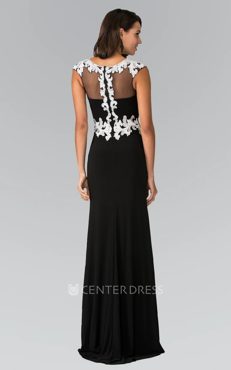 Sheath Floor-Length Cap-Sleeve Jersey Illusion Dress With Appliques