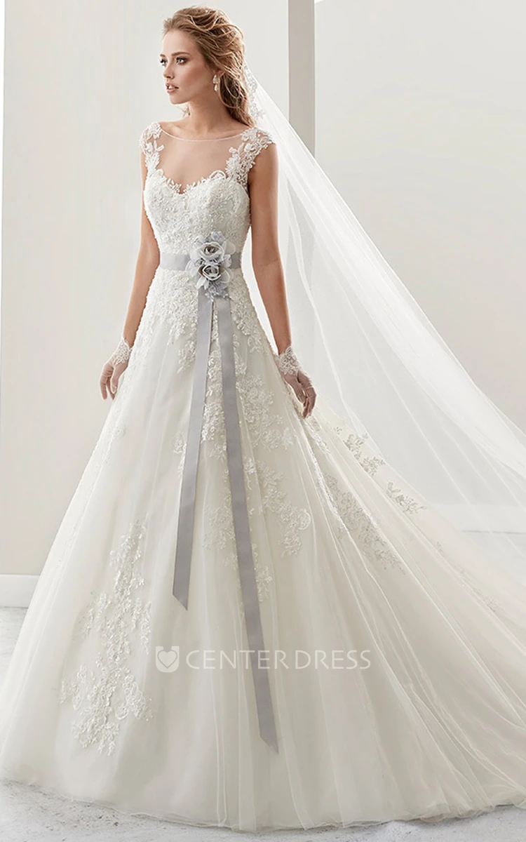 Cap sleeve Lace Bridal Gown with Flower Satin Sash and Open Back